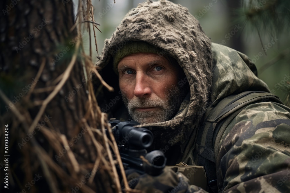 Portrait of a man with a machine gun in the forest.