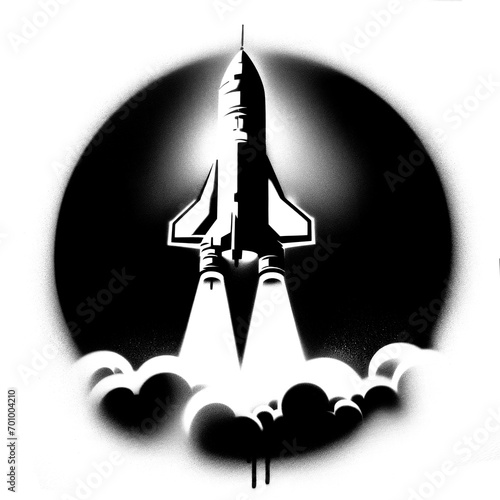 space-rocket launching in stencil-art style,black and white generative ai