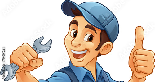 A handyman, mechanic, plumber or other construction cartoon mascot man holding a wrench or spanner tool. photo