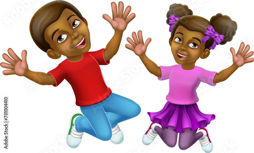 Two kids, girl and boy, cartoon character children jumping for joy