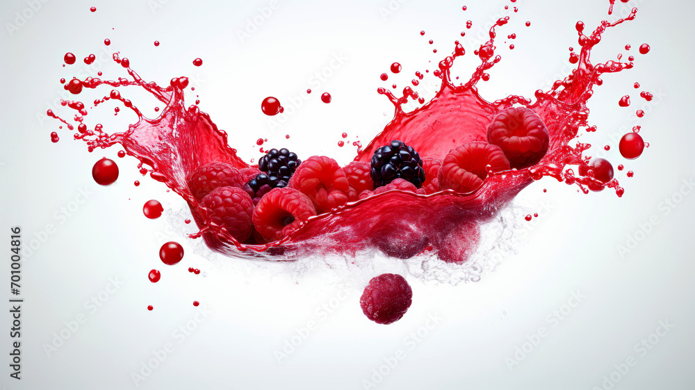 Red juice splash on a white background. Abstract bright berries and splashes close up. Design of labels, covers, promotions.