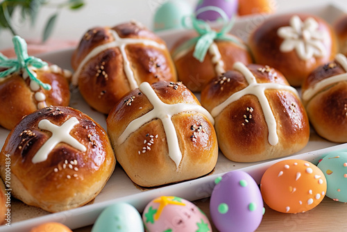  organized photo featuring a row of freshly baked hot cross buns on a simple white tray, forming a delicious and festive Easter background, minimalistic photo