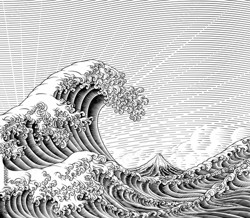 A Japanese great wave design in a vintage retro engraved etching woodcut style