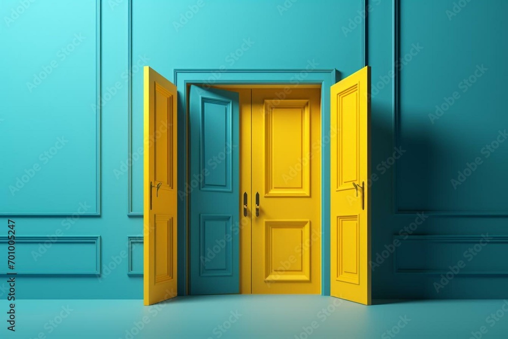 3D architectural design with blue and yellow background, double doors opening. Minimal modernism and metaphor for opportunity. Generative AI