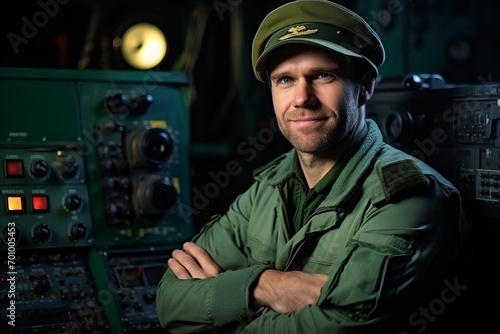 Portrait of confident pilot standing in control room with arms crossed.