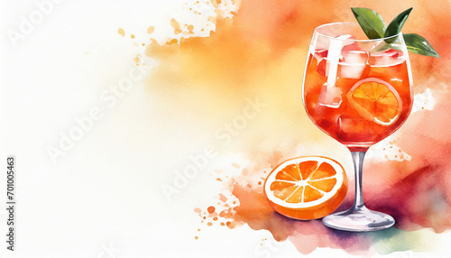 Aperol spritz cocktail background, copy space on a side, watercolor art style photo