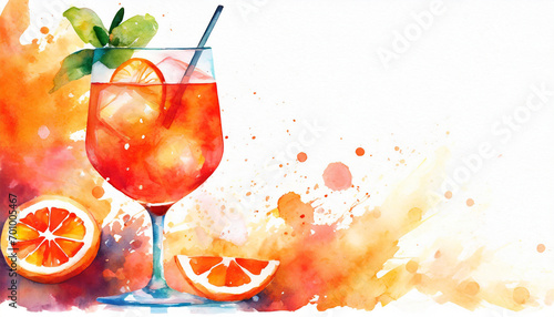 Aperol spritz cocktail background, copy space on a side, watercolor art style photo