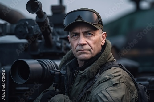 Soldier with binoculars on the background of military equipment.
