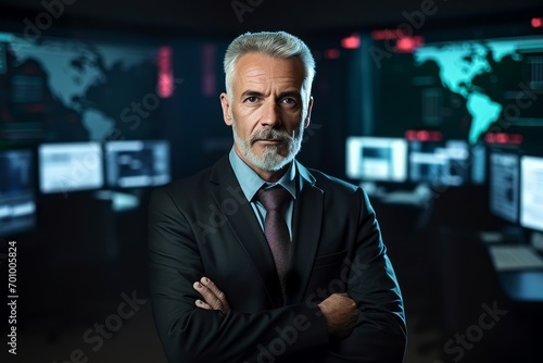 Portrait of a confident mature businessman standing with arms crossed in front of a computer screen.