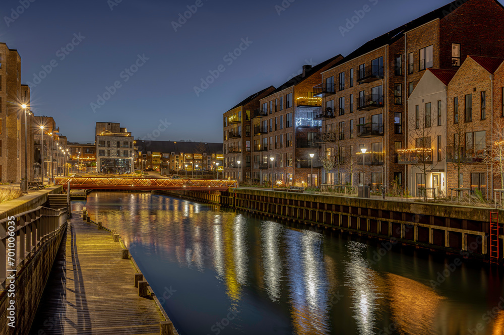 Houses in Fredericia Canal District at twilight hour
