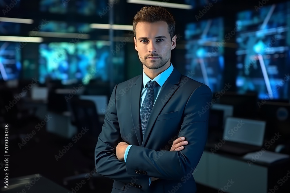 Portrait of a handsome businessman with arms crossed in front of computer monitors Portrait of a handsome businessman with arms crossed in front of computer monitors