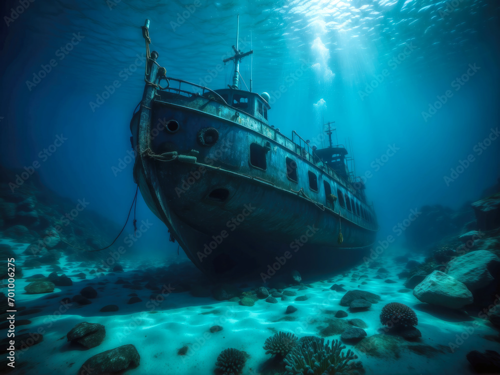 a sunken shipwreck at the bottom of the Sea a sunken shipwreck at the bottom of the Sea