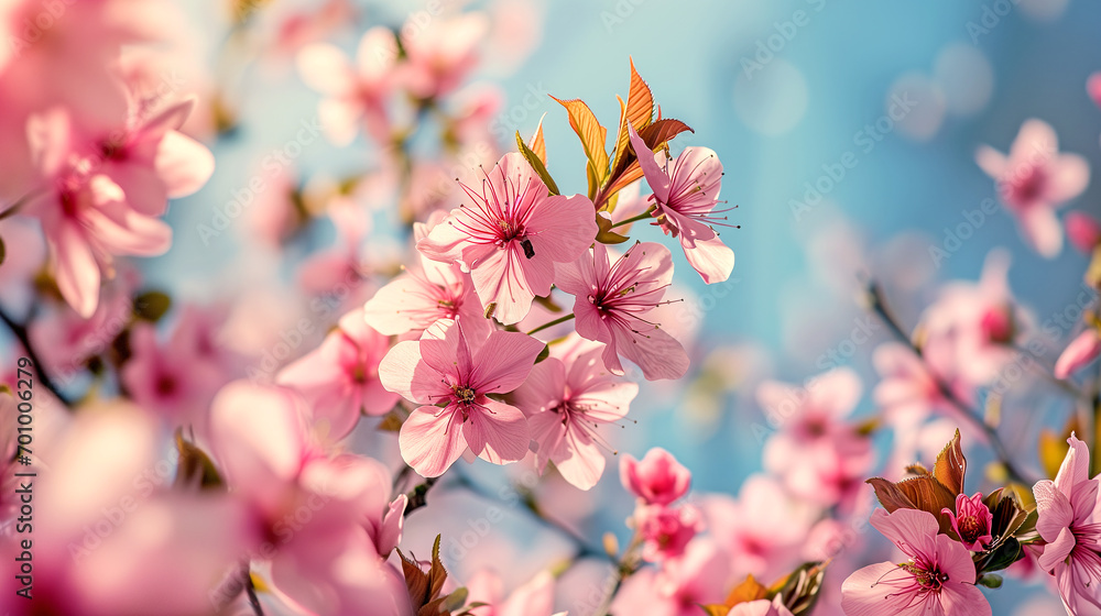 Beautiful image of spring nature. Pink sakura blossom flowers against a background of soft blue sky.