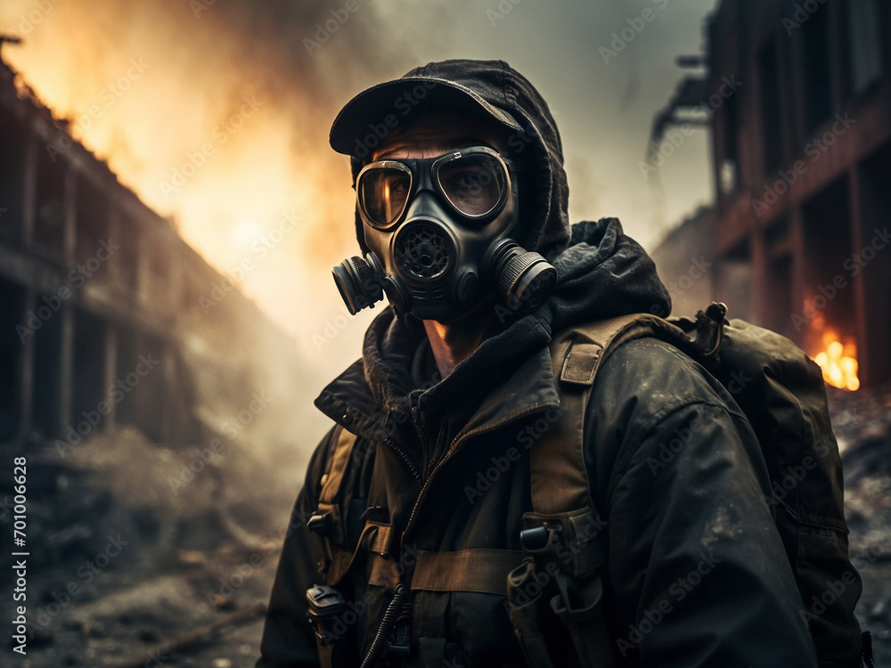 person in a gas mask with a fire person in a gas mask with a fire