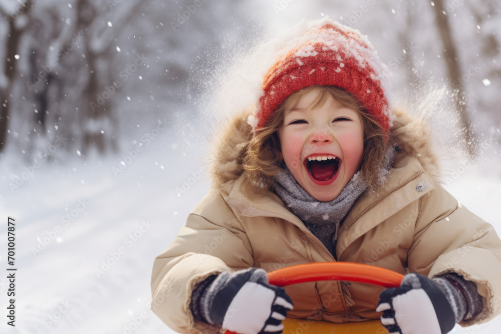Joyful Child Sledding in Snowy Winter Landscape. Joyful Child Sledding in Snowy Winter Landscape.