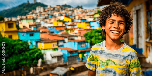 Little Brazilian boy on blurred favela. Banner format. photo