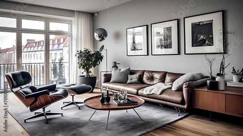 Inviting lounge area in a Copenhagen apartment, blending mid-century furniture with contemporary comforts and city views