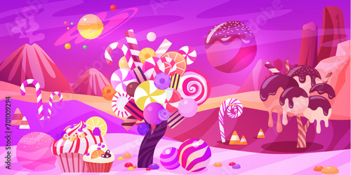 Fantasy land of candy alien planet with sweet trees, magic plants and purple neon sky. Fairy confectionery world, horizontal panorama of fantastic cosmic landscape cartoon vector illustration