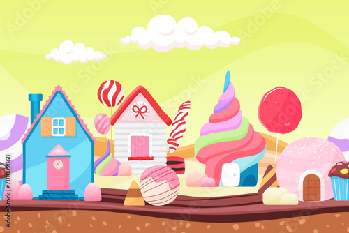 Fairy tale landscape with candy and cake houses, lollipop trees seamless background. Sweet confectionery land with gingerbread palaces, buildings with caramel and cookie cartoon vector illustration