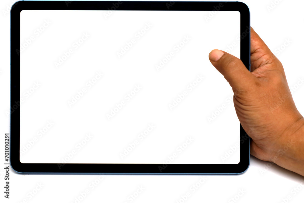 hand holding a computer tablet or smartphone with a white blank screen. hand holding a computer tablet or smartphone with a white blank screen.