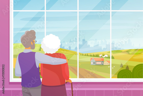 Old couple looking out window at summer rural landscape. Grandparents standing with backs and hugging, grandmother and grandfather relax, enjoy nature and calm view cartoon vector illustration