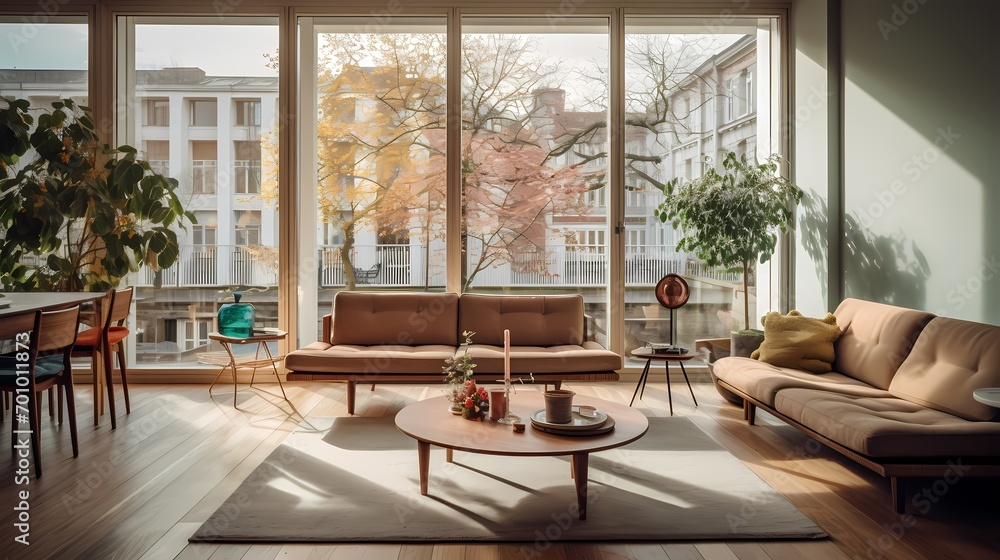 Inviting lounge space with a mid-century sofa, retro coffee table, and floor-to-ceiling windows showcasing Copenhagen's charm
