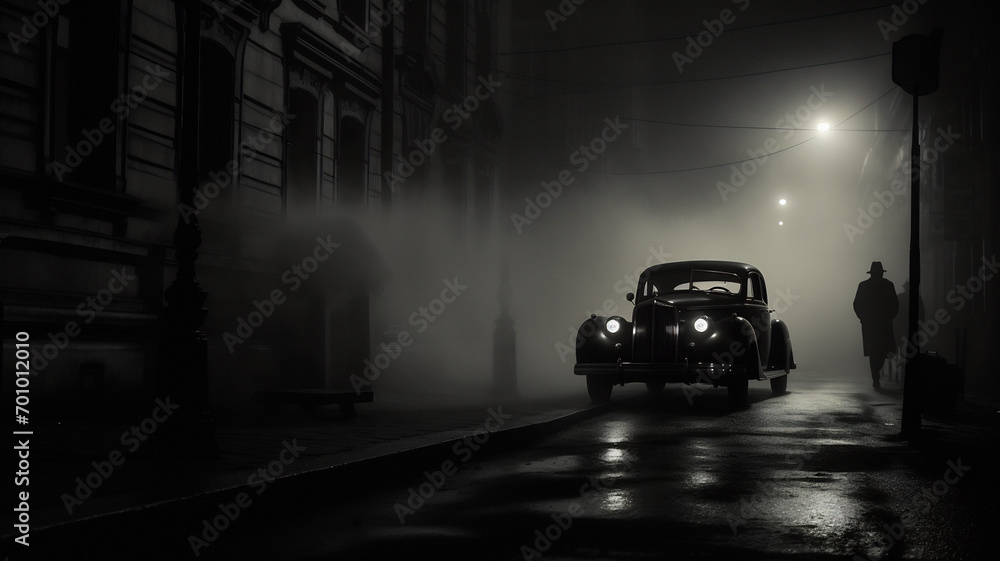 Monochrome film detective illustration with vintage cars, black and white noir detective. AI generated - obrazy, fototapety, plakaty 