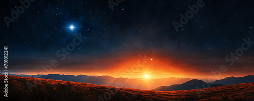 a breathtaking view of a radiant sun amidst a starry sky, its fiery orange hue contrasting with the dark blue background