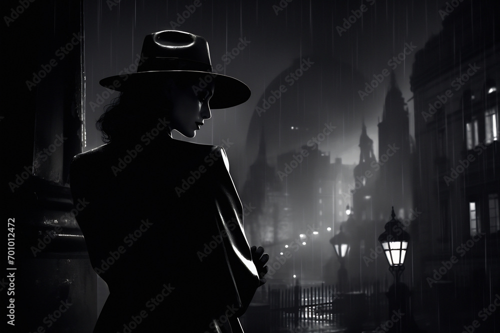 Monochrome film detective illustration women, black and white noir detective. AI generated Monochrome film detective illustration women, black and white noir detective. AI generated