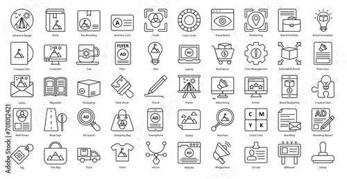 Branding Thin Line Icons Marketing Brand Advertising Iconset in Outline Style 50 Vector Icons in Black photo