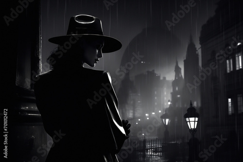 Monochrome film detective illustration women, black and white noir detective. AI generated