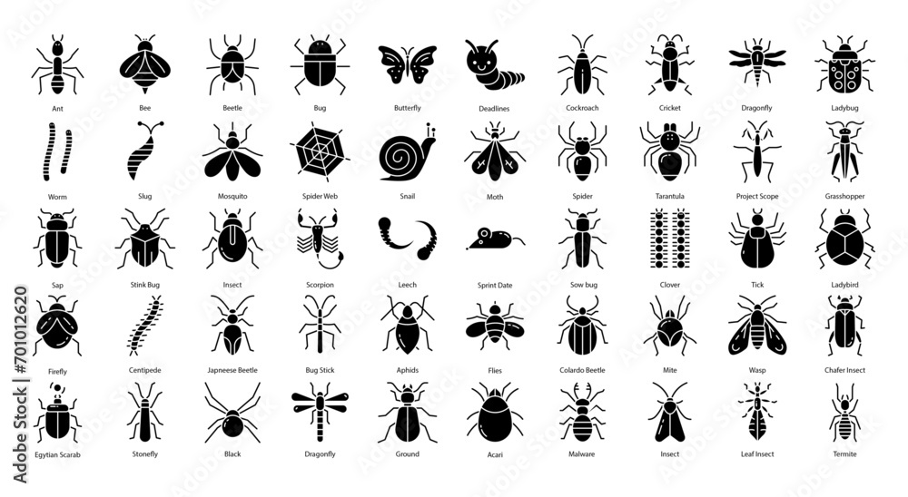 Obraz premium Insects Glyph Icons Insect Bug Butterfly Iconset 50 Vector Icons in Black