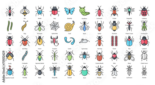 Insects Filled Line Icons Insect Bug Butterfly Iconset in Colored Outline Style 50 Vector Icons