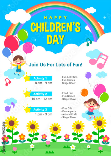 Children's day Poster invitation vector illustration. Child flying in the sky on balloons © Farosofa