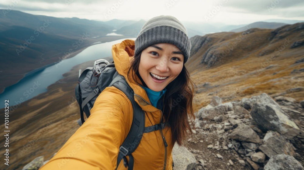 Young female tourist takes a selfie in the mountains. Happy smiling girl. Neural network AI generated art