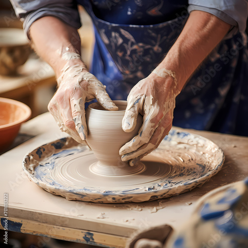 A close-up of a potter glazing a ceramic bowl.