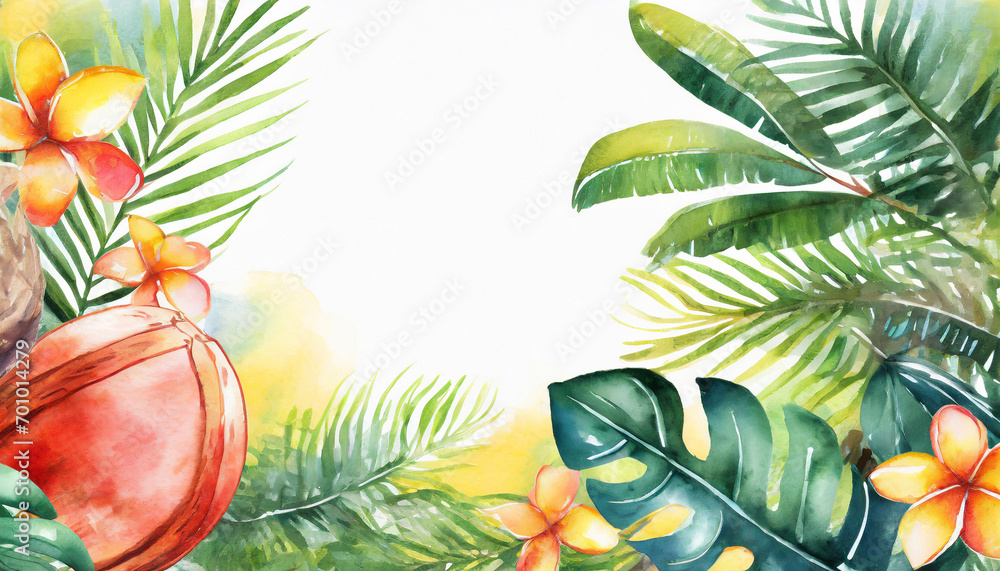 Tropical summer background, copy space on a side, watercolor art style