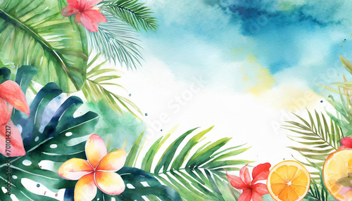 Tropical summer background, copy space on a side, watercolor art style