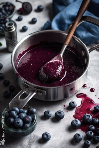 a sauce pan with blueberry puree whisking