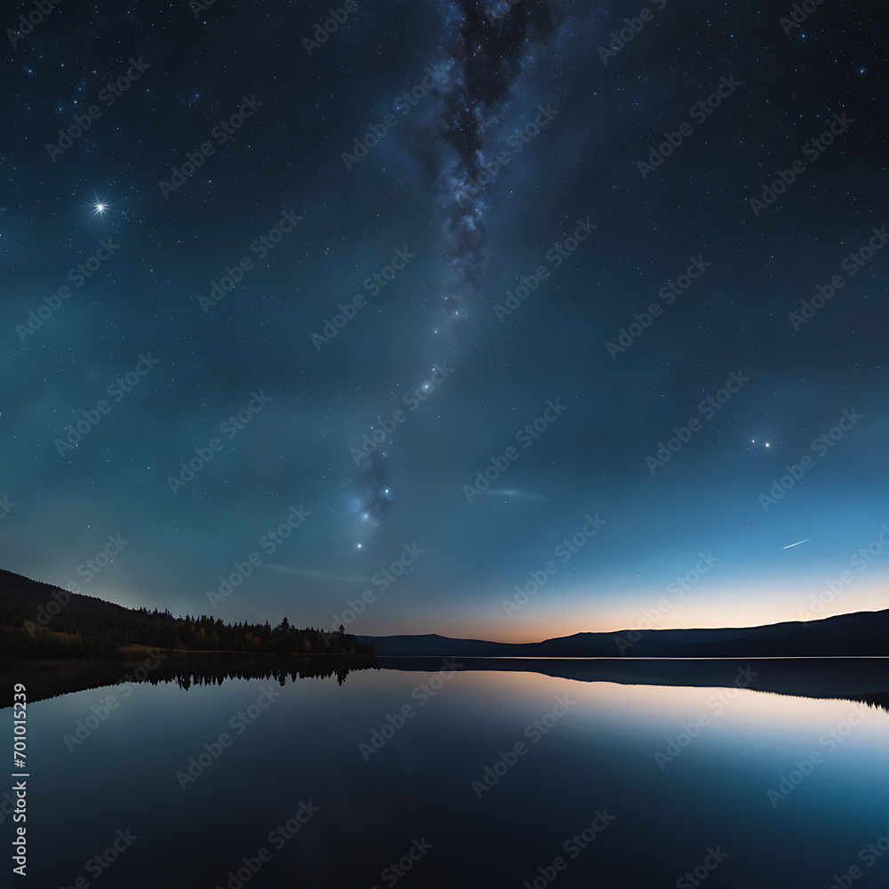 A peaceful night scene featuring a crystal-clear lake reflecting the brilliance of a star-studded sky