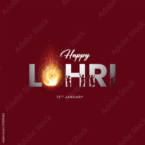 Happy Lohri text. Indian Sikh Festival editable design background. Greetings on the traditional Lohri festival of Punjab, India. Greeting card, poster banner design. photo