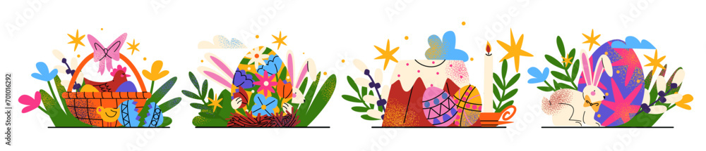 Cartoon Easter poster in abstract 90s retro style. Spring elements, rabbits, eggs, Christian holiday, Easter baskets, flowers. Vector groovy illustration