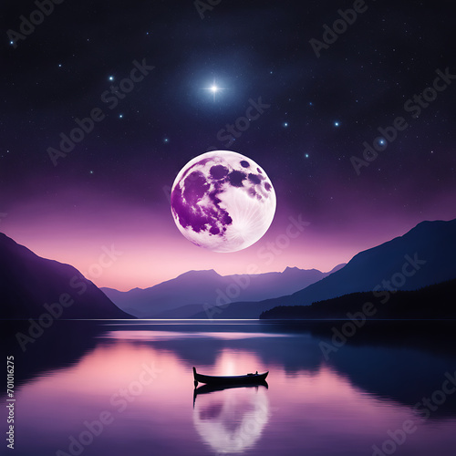 a serene surreal landscape with a large, floating moon casting a gentle glow on a deep purple body of water, surrounded by a mystical mountain range and a star-filled sky. 