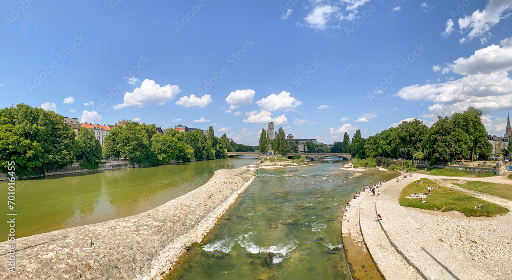 Riverside in Munich with bridge "Wittelsbacherbrücke" across the Isar River and view to museum "Deutsches Museum" in summer, Bavaria Germany Europe - obrazy, fototapety, plakaty 