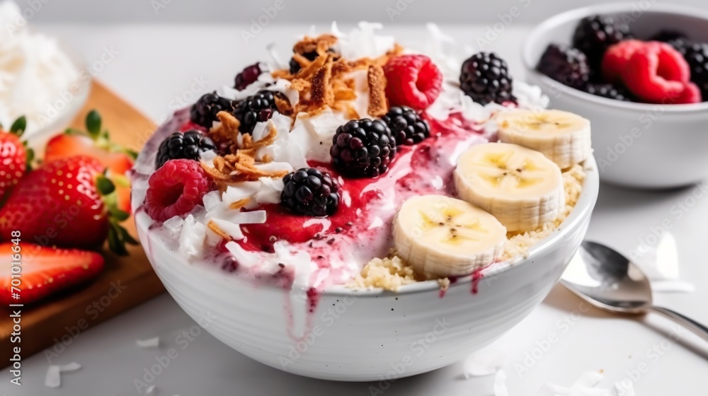 Colorful and nutritious smoothie bowl featuring a delightful blend of acai, banana, and almond milk topped with fresh fruits and crunchy toppings Colorful and nutritious smoothie bowl featuring a delightful blend of acai, banana, and almond milk topped with fresh fruits and crunchy toppings