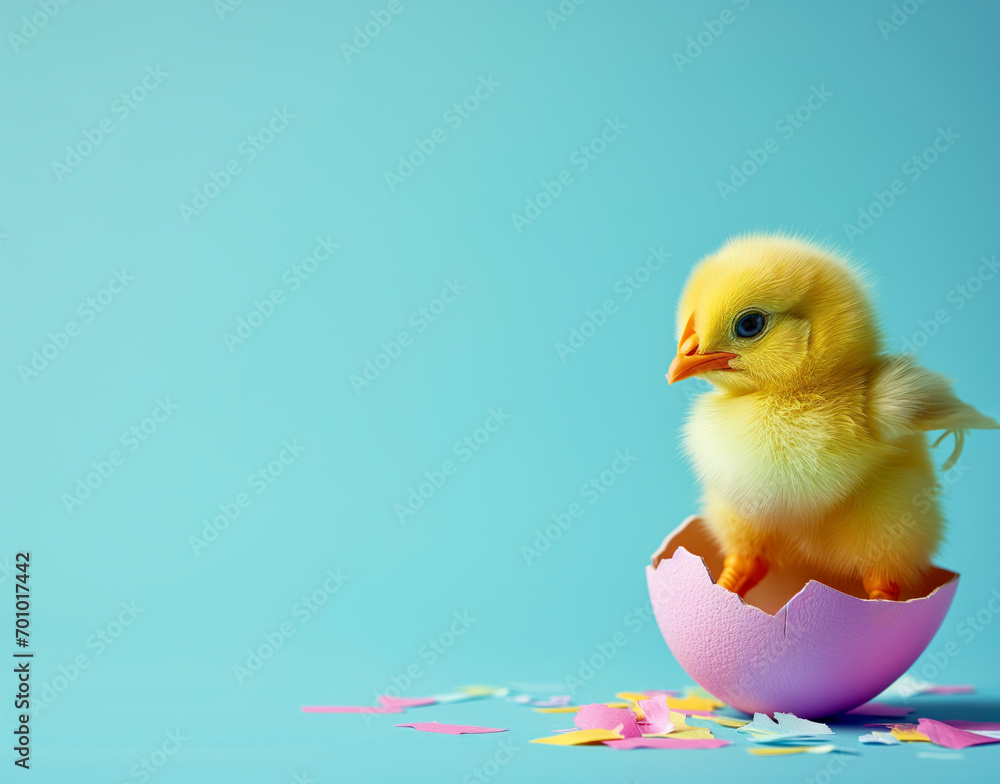 Chick hatching from egg Easter / spring blue background with copy space Chick hatching from egg Easter / spring blue background with copy space