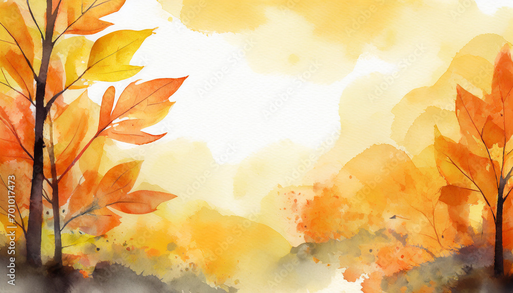 Yellow autumn background, copy space on a side, watercolor art style