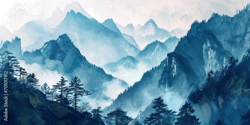 Mountain scenery, Watercolor. Chinese or Japanese Blue Mountains. Landscape of foggy mountains in the early morning photo