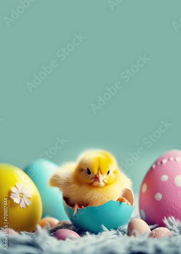 Chick hatching from egg Easter / spring blue background with copy space