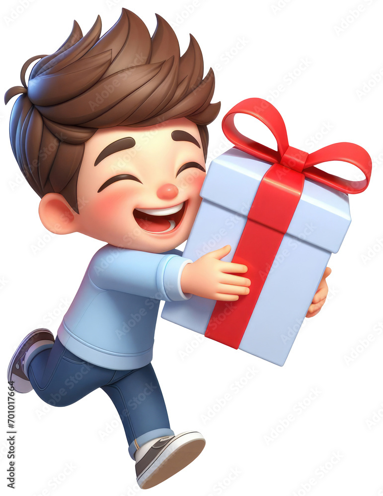 Joyful 3D cartoon of a happy child hugging a present gift box, embodying the excitement of a birthday party. Isolated PNG illustration for celebrations. generative AI. Joyful 3D cartoon of a happy child hugging a present gift box, embodying the excitement of a birthday party. Isolated PNG illustration for celebrations. generative AI.